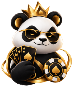 Taç ve oyun kartlarıyla Salvobet panda maskotu